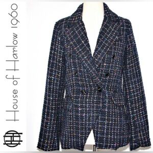 NWOT House of Harlow Double Breasted Button Blue Tweed Blazer Jacket Sz. Small